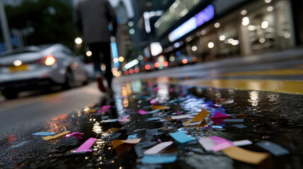 Obraz premium A vibrant night scene depicting colorful confetti scattered on a puddle, celebrating New Year, capturing the enchanting reflections of city lights, symbolizing joy after a celebration.
