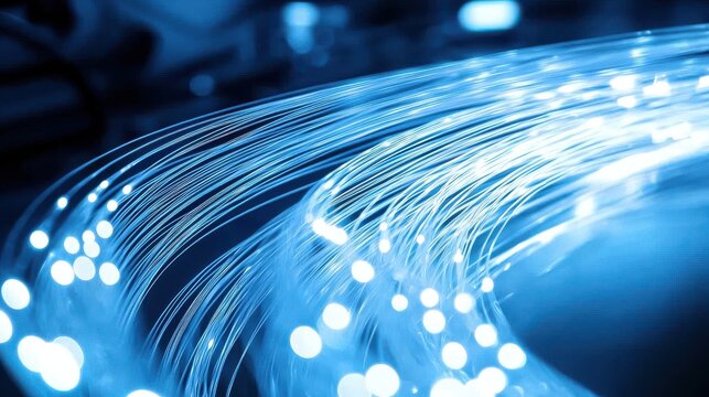 Fiber optic bend professional close-up showing curved cables with continuous blue light trails flowing through transparent fiber bundle creating dynamic patterns