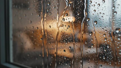 Close-up of raindrops dripping down a window pane. Water trickles on wet glass with a warm bokeh background. Moody and atmospheric weather footage - Powered by Adobe