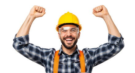 Cheerful construction worker in hardhat and safety glasses raising arms isolated on transparent background
