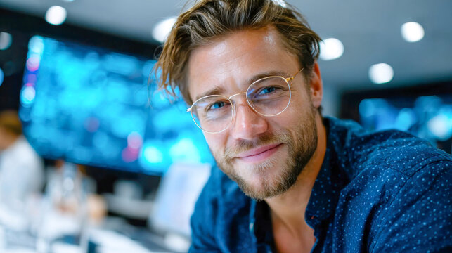 Smiling young man wearing glasses in a modern office environment with digital screens in the background