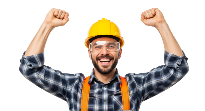 Cheerful construction worker in hardhat and safety glasses raising arms isolated on transparent background