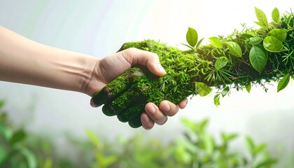 Symbol of environmental partnership, a green handshake between humanity and nature for sustainability