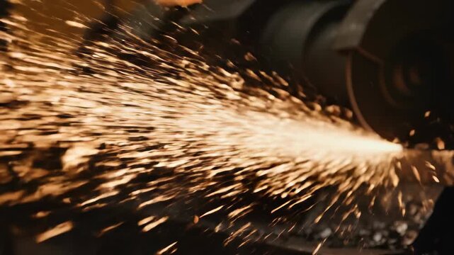 Vertical video of an angle grinder cutting metal with bright sparks flying. Close-up of industrial work in a factory. Metalworking and fabrication concept