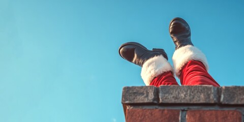Merry Christmas xmas holiday celebration background, funny greeting card - Santa Claus with his head stuck in the chimney and his black boots pointing toward the blue sky