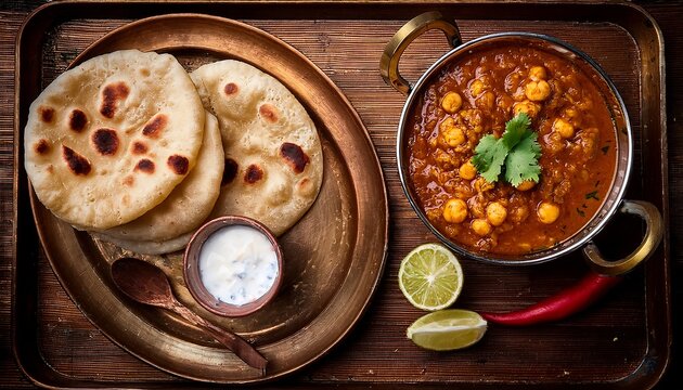 Delicious Punjabi chole with buttered kulcha served on a rustic plate in a top-down flat lay