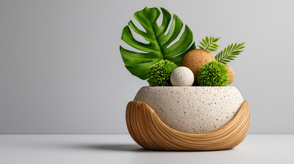 Flower pot with a tropical plant inside.