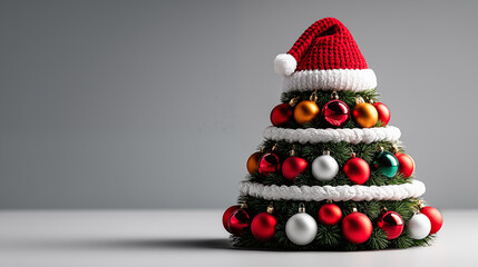 3d render of christmas tree with santa hat on gray background