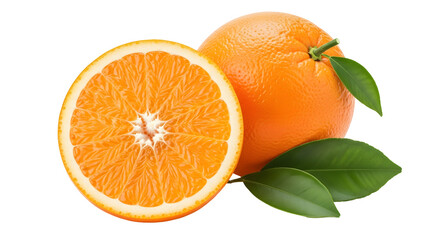 Fresh and juicy orange fruit with green leaves, one cut in half isolated on transparent background
