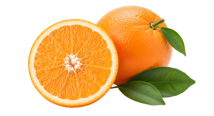 Fresh and juicy orange fruit with green leaves, one cut in half isolated on transparent background