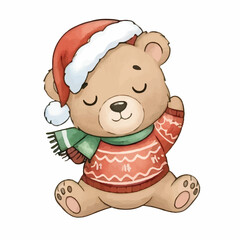 Sweet Little Bear Sitting in Santa Hat and Christmas Sweater