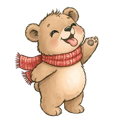 Cheerful Bear Waving and Sticking Out Tongue in Scarf