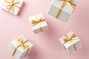 White gift boxes with gold ribbons scattered on a pink background