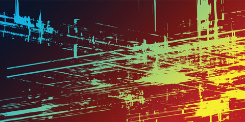 Abstract design features a blend of warm and cool hues, with linear patterns creating a dynamic effect against a gradient background transitioning from dark to light