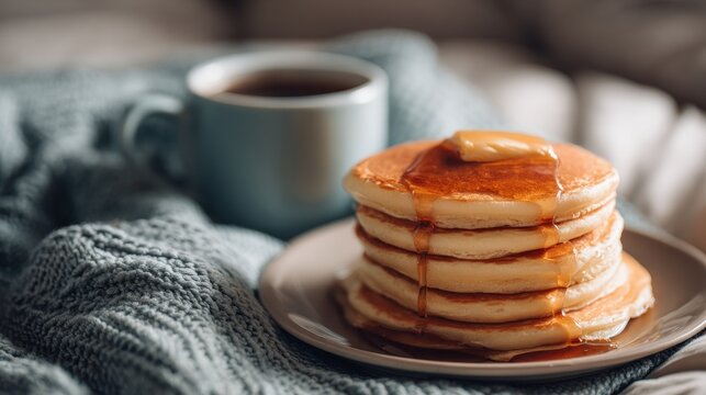 Warm Stack of Fluffy Pancakes Drizzled With Syrup Beside a Steaming Cup of Coffee in a Cozy Breakfast Setting