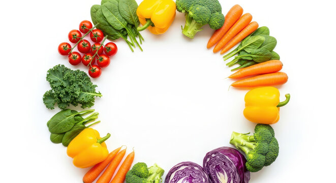 Fresh vegetables arranged in a circle isolated on white background with copy space