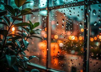 Rainy Day View Through Window with Bokeh Lights