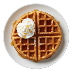 Golden Brown Waffle Topped With Whipped Cream And Maple Syrup Drizzled On A White Plate Isolated On A Black Background Studio Shot