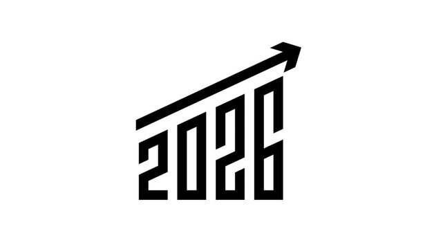 2026 black and white text animation with upward moving arrow 2026 happy new year growth and progress animation with bold vertical typography with arrow for budget growth or financial planning