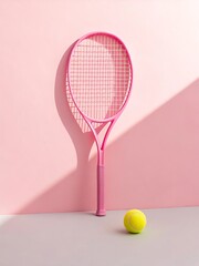 Pink tennis racket and ball with soft shadow on pastel background