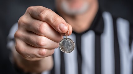 Man Holding Silver Coin Close Up in Black and White Striped Shirt