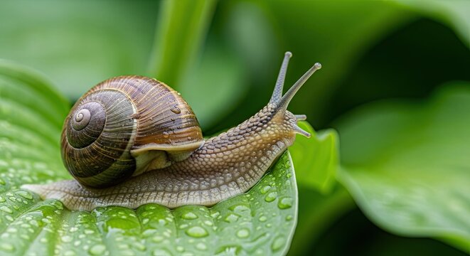 A common garden snail with a brown shell crawling on a wet green leaf.
