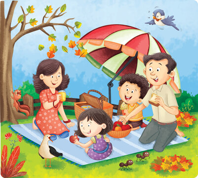 Happy Family Picnic in Autumn Park