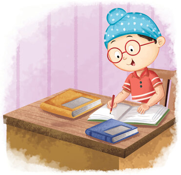 Boy Studying and Writing Homework at Desk