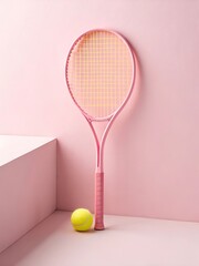 Pink tennis racket and ball against a soft pink background