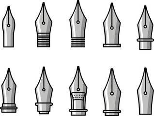 Create a kinds of deferent Fountain pen nib simple vector icon illustration material vector art with white background..