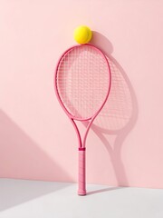 Pink tennis racket and ball on a pink background with shadow