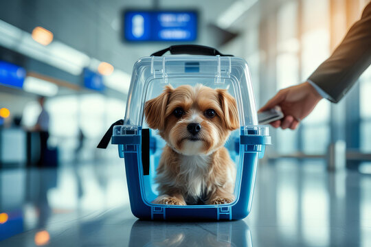 Dog in travel carrier at airport security. Pet check at modern terminal. Airport travel with animals concept.