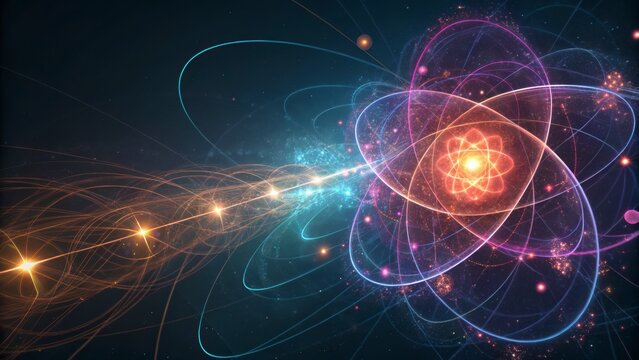 Abstract atomic structure with glowing orbits and energetic nucleus - Powered by Adobe