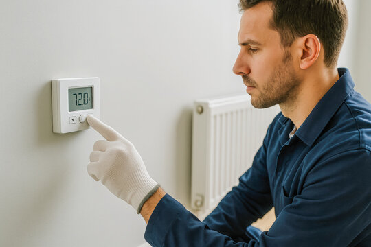 Horizontal photo of a technician wearing gloves, a blue uniform adjusting a digital thermostat on a wall near a radiator. The professional setting conveys home energy management, smart heating control - Powered by Adobe
