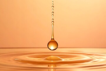 Close up of a golden liquid drop falling into water creating ripples