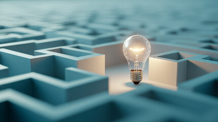 Illuminated light bulb positioned in the center of a maze representing innovative ideas and finding solutions through creative thinking and problem-solving approache