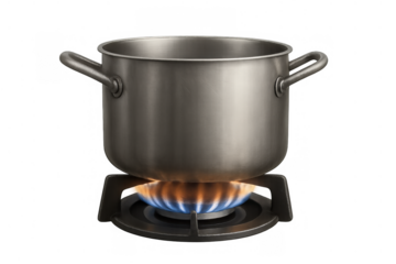Steel cooking pot on a gas stove burner with a bright blue flame, heating for cooking, with a transparent background