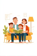 Happy Family Reading Together on Couch