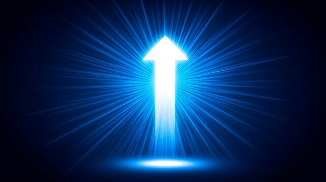 Bright White Upward Arrow with Blue Radiant Light Effect on Dark Background