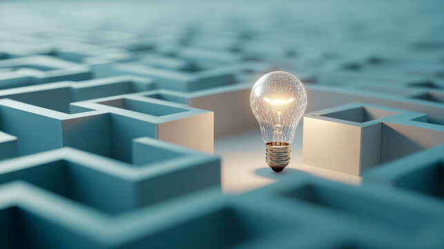 Illuminated light bulb positioned in the center of a maze representing innovative ideas and finding solutions through creative thinking and problem-solving approache