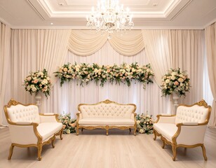 우아한 웨딩 라운지 무대의 플라워 장식과 클래식 소파 세트 Elegant wedding lounge stage with floral decorations and classic ivory sofas