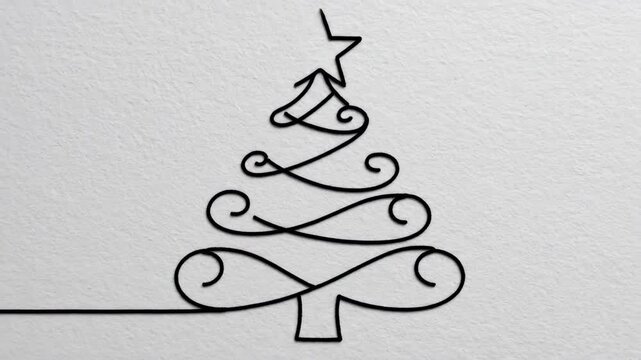 Elegant Black Line Art Christmas Tree with Star on White Background.