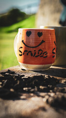 Orange Smile Cup Coffee Mug Happy Morning Drink Ceramic Pottery