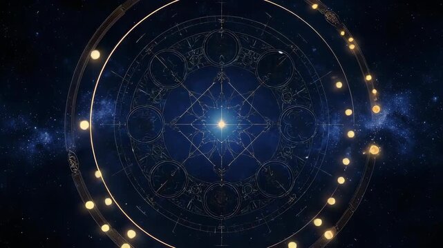 A golden, detailed zodiac wheel against a starry galaxy background