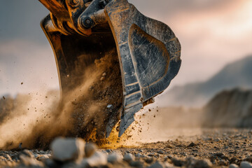 Heavy construction machinery excavator bucket digging and lifting soil during earthmoving operation at a dusty outdoor worksite with mountains in background
