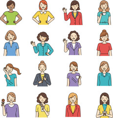 Create a kinds of deferent Simple vector illustration of a happy woman vector art with white background..