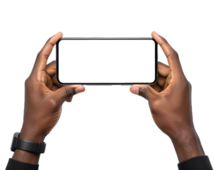 Digital Interface Showcase: A close-up shot of hands, meticulously holding a sleek smartphone, displays an expansive blank screen.