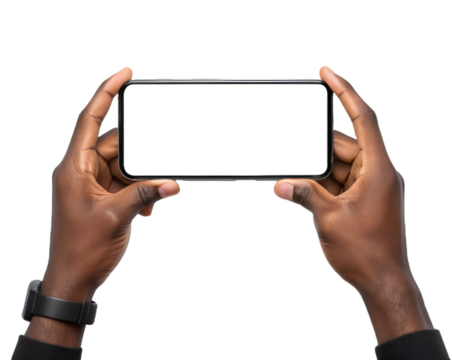 Digital Interface Showcase: A close-up shot of hands, meticulously holding a sleek smartphone, displays an expansive blank screen.