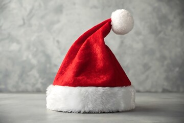 Classic red santa hat with white trim on textured background