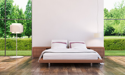 Modern bright bed room interiors 3D rendering illustration
